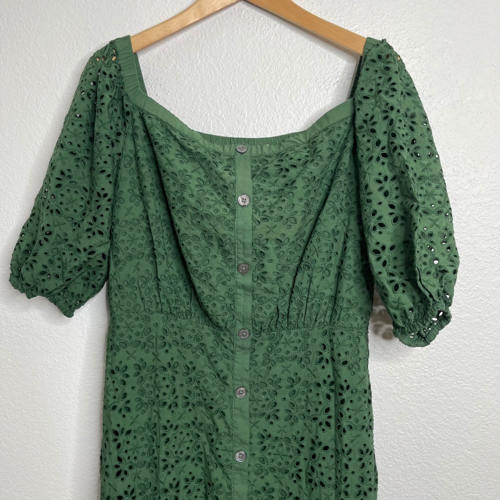 Veronica Beard Green Eyelet Cotton Midi Dress Puff Sleeve Button Front Size 10 - Picture 3 of 6